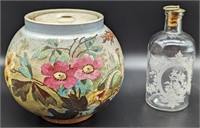 (N) decorative canister and etched bottle 5-6in h