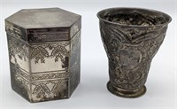 (N) silver-toned canister and cup 4½in h