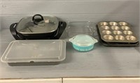 Bella Electric Skillet, Muffin Tins & Pyrex Dishes