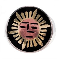 Mexican Sun Motif Signet Ring Sterling Silver