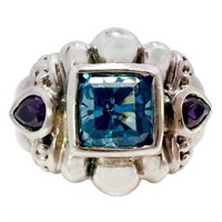Blue & Purple Diamante Scalloped Ring SS