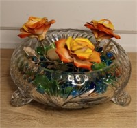 Footed Crystal Bowl with Metal Roses & Stones