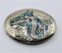 Turquoise Inlay Horse Belt Buckle Signed Dale