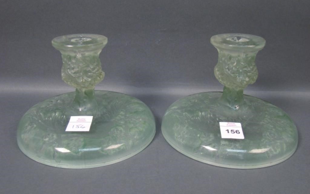 Pr. Consol. Green Wash Cockatoo Candlesticks.