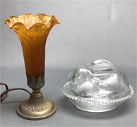 Indiana Glass Rabbit Nest & Bronze Tulip Lamp