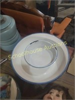 Large serving bowl and small enamel bowl