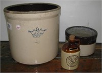 Two gallon crock with crown, two tone crock and