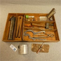 Wooden Tray with Various Early Kitchen Gadgets
