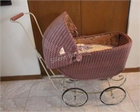 Painted Pink Wicker Doll Carriage