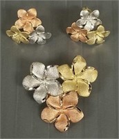 14K gold 3-color floral pendant & earrings - 6.8