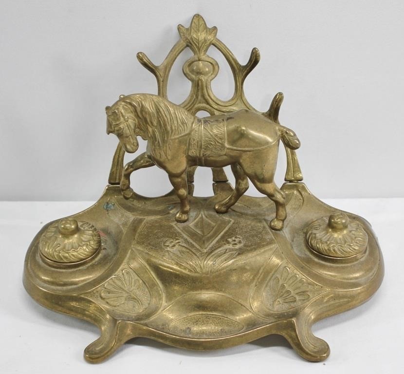 Vintage Brass Art Nouveau Double Inkwell wHorse