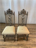 Pair Antique Heavily Carved High Back Chairs