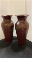 Lot of two enamel on metal vases. Each stands 12