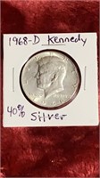 1968D Kennedy Half Dollar 40% Silver Coin