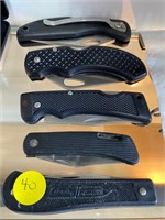 5 BLACK HANDLED FOLDING POCKET KNIVES