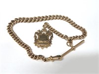 9ct. gold watch chain, 14" long & shield style fob
