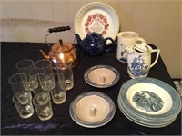 Assorted Glassware & Copper Tea Kettle