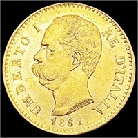 1881 Italy .1867oz Gold 20 Lire CHOICE BU