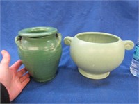 2 green pottery planters