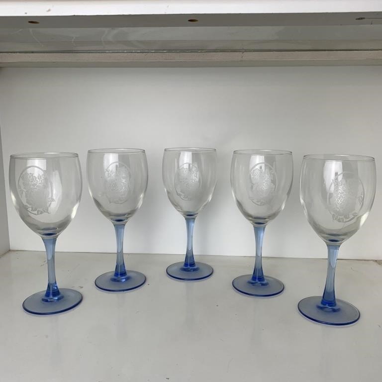 5- Vintage Blue Stemmed Wine Goblets with Etched