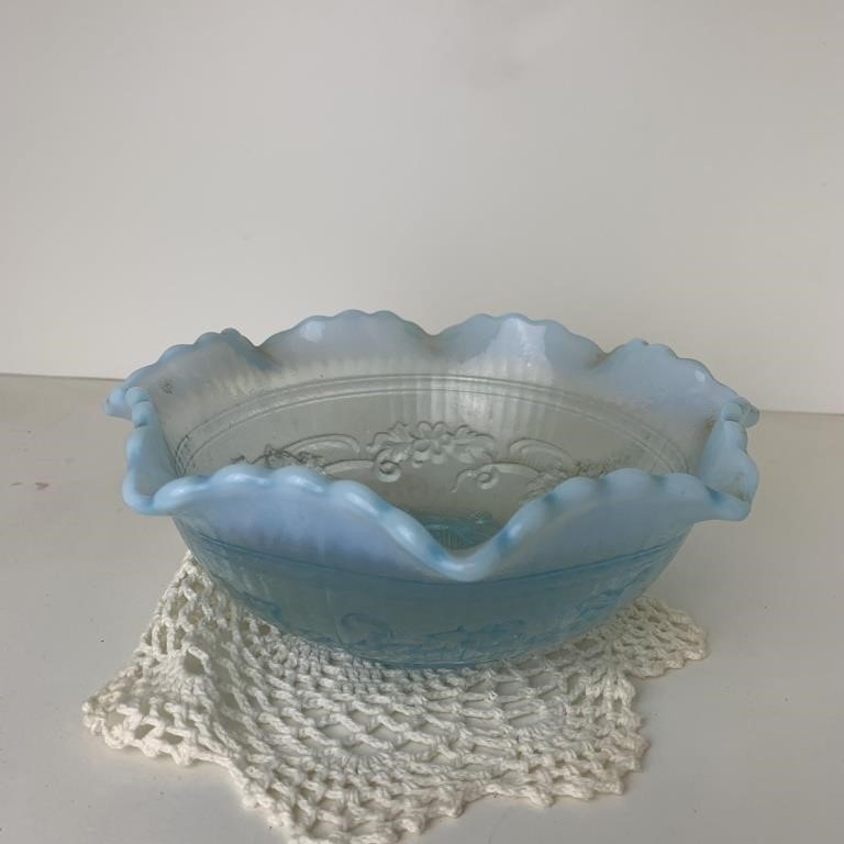 Blue Opalescent Scalloped Edge Dish Blue Candy