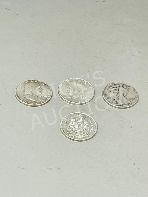 4 vintage silver 50 cent coins - 3 USA & 1 Canada