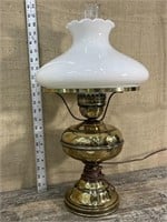 Brass table lamp w/white shade & chimney