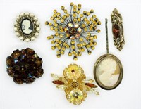 (6) Vintage Rhinestone Brooches & Cameos.