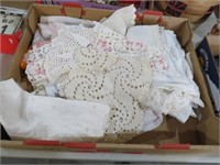 BOX OF DOLLIES, LINENS AND MISC
