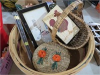 WOOD BASKET WITH ROOSTER, PICTURE FRAME MISC