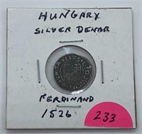 1526 Rare Hungary Silver Denar, Ferdinand, One of
