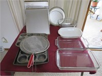Pyrex dishes, muffin pans, cookie sheets