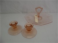 Lot (2) Pink Depression Glass -Candlesticks & Reli