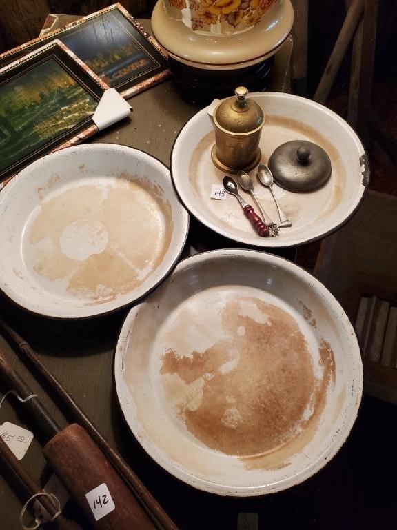 Three Agate Pie Plates and Contents