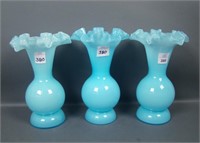 Three Fenton Vintage Blue Ruffled Vases