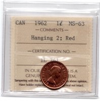 1962 Canada 1 Cent Hanging 2 ICCS Graded