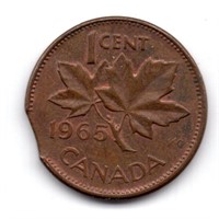1965 Canada 1 Cent Clipped Planchet Error