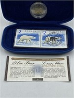 1998 CANADA POLAR BEAR STAMP AND COIN IN BOX