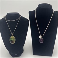 2 Large Pendants With Chains - Stones Encased In