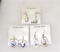 3 Pair Art Glass Sterling Silver Dangle Earrings
