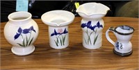 3 Matching Pottery Vases w Lillies and Signed Cup