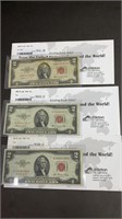 Currency: (3) 1953 $2 Red Seal United States