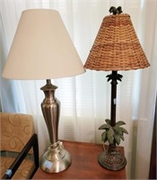 2 LAMPS: CHROME BASE W/SHADE AND PALM TREE
