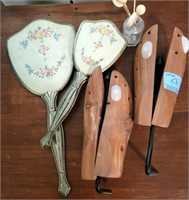 VINTAGE HAND MIRROR AND BRUSH, SHOE TREES AND