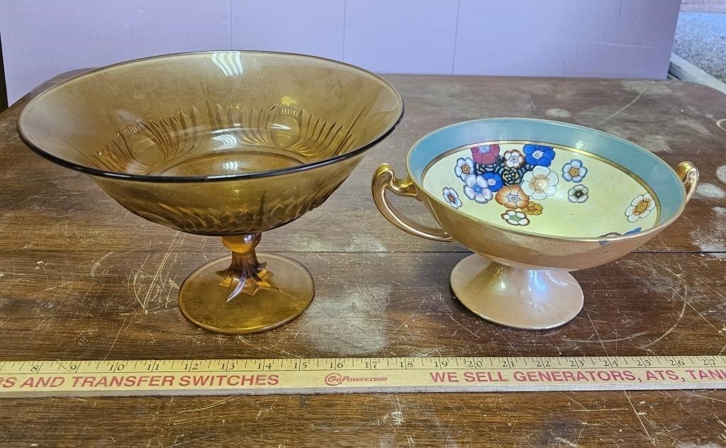 Amber Glass Pedestal Bowl