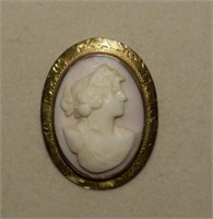 10K Gold, Pink Shell High Relief Cameo Brooch/Pend