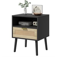 Algherohein Rattan Nightstand with Drawer Boho Nig