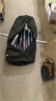 Various baseball bats, and gloves
