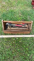 Vintage wooden tool box and contents
