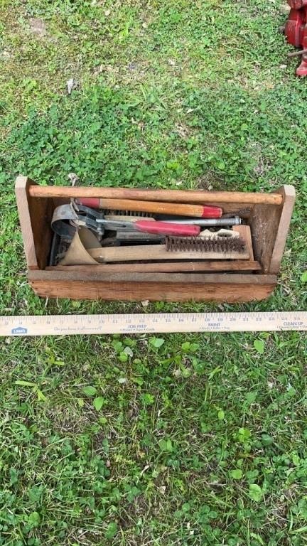 Vintage wooden tool box and contents